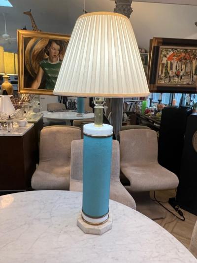 Tommi Parzinger STRIKING MID CENTURY MARBLE BRASS AND TURQUOISE LEATHERETTE LAMPS