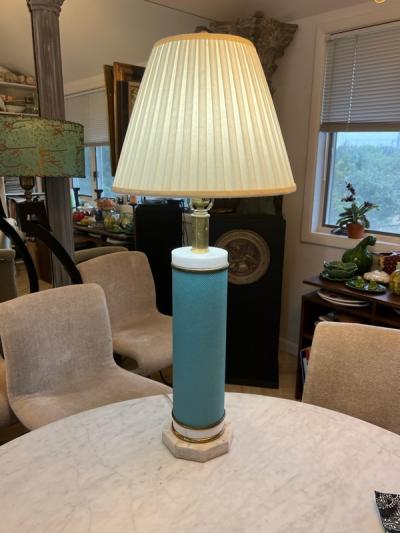 Tommi Parzinger STRIKING MID CENTURY MARBLE BRASS AND TURQUOISE LEATHERETTE LAMPS
