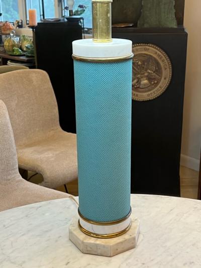 Tommi Parzinger STRIKING MID CENTURY MARBLE BRASS AND TURQUOISE LEATHERETTE LAMPS