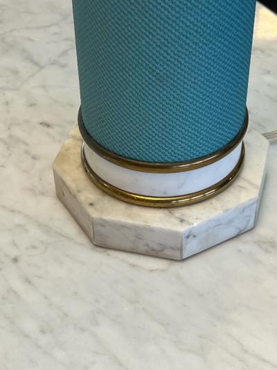Tommi Parzinger STRIKING MID CENTURY MARBLE BRASS AND TURQUOISE LEATHERETTE LAMPS