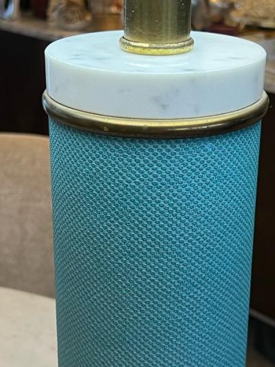 Tommi Parzinger STRIKING MID CENTURY MARBLE BRASS AND TURQUOISE LEATHERETTE LAMPS