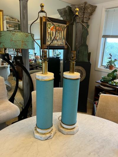 Tommi Parzinger STRIKING MID CENTURY MARBLE BRASS AND TURQUOISE LEATHERETTE LAMPS