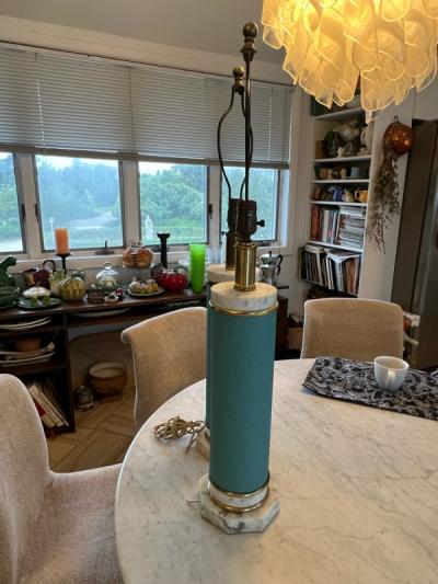 Tommi Parzinger STRIKING MID CENTURY MARBLE BRASS AND TURQUOISE LEATHERETTE LAMPS