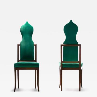 Tommi Parzinger Set of 14 Tommi Parzinger Style Dining Chairs in Green Velvet with Walnut Frames