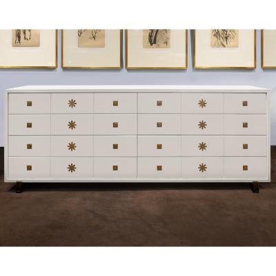 Tommi Parzinger Tommi Parzinger Chest of Drawers in White Lacquer with Brass Pulls 1950s Signed