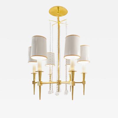 Tommi Parzinger Tommi Parzinger Elegant 6 Arm Chandelier in Brass with Crystal Beads 1950s