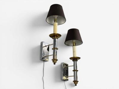 Tommi Parzinger Tommi Parzinger Large Wall Sconces Chromed Steel Brass Fabric USA 1950s
