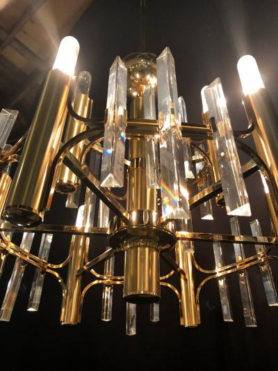 Tommi Parzinger Tommi Parzinger Style Brass Chandelier Cylindrical Lights Crystal Prisms