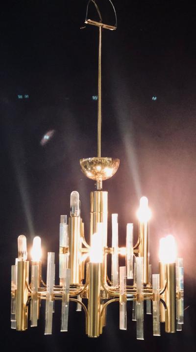 Tommi Parzinger Tommi Parzinger Style Brass Chandelier Cylindrical Lights Crystal Prisms