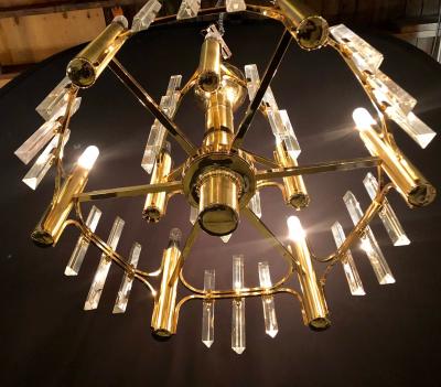 Tommi Parzinger Tommi Parzinger Style Brass Chandelier Cylindrical Lights Crystal Prisms