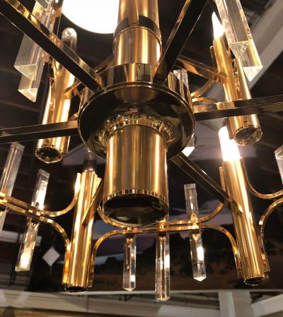 Tommi Parzinger Tommi Parzinger Style Brass Chandelier Cylindrical Lights Crystal Prisms