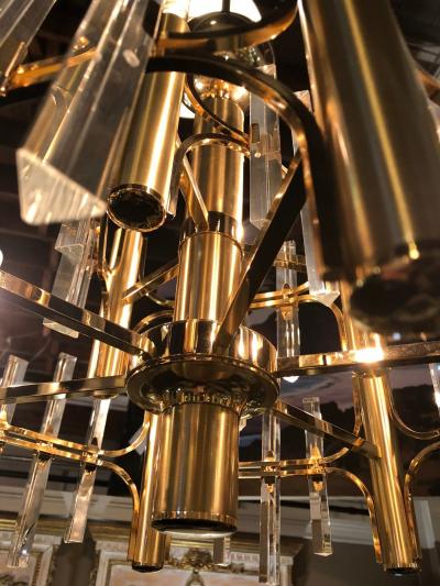 Tommi Parzinger Tommi Parzinger Style Brass Chandelier Cylindrical Lights Crystal Prisms