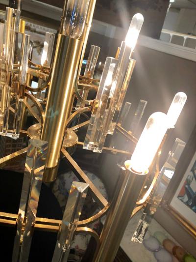 Tommi Parzinger Tommi Parzinger Style Brass Chandelier Cylindrical Lights Crystal Prisms