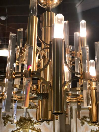 Tommi Parzinger Tommi Parzinger Style Brass Chandelier Cylindrical Lights Crystal Prisms