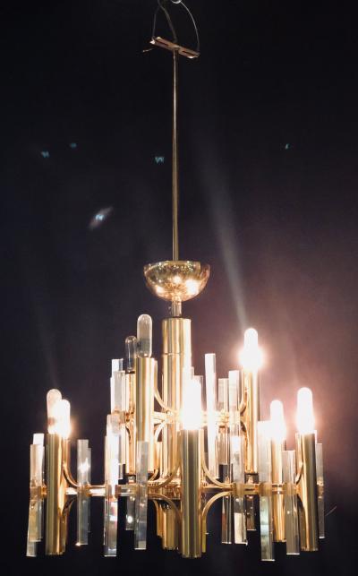 Tommi Parzinger Tommi Parzinger Style Brass Chandelier Cylindrical Lights Crystal Prisms