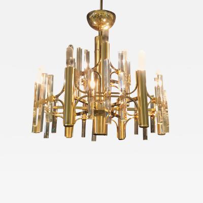 Tommi Parzinger Tommi Parzinger Style Brass Chandelier Cylindrical Lights Crystal Prisms