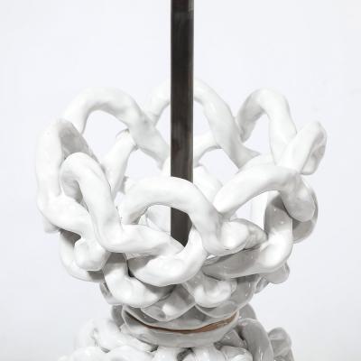 Tony Duquette Mid Century Open Form White Ceramic Table Lamp with Woven Sculptural Motifs