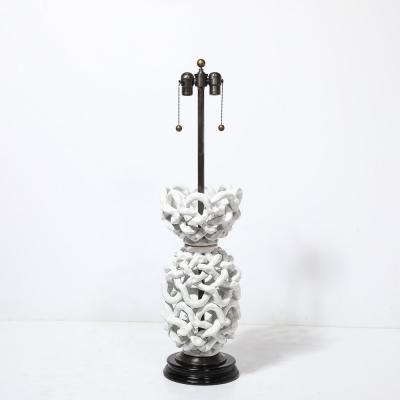 Tony Duquette Mid Century Open Form White Ceramic Table Lamp with Woven Sculptural Motifs
