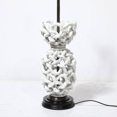 Tony Duquette Mid Century Open Form White Ceramic Table Lamp with Woven Sculptural Motifs