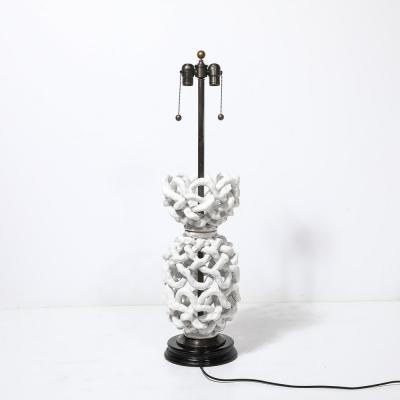 Tony Duquette Mid Century Open Form White Ceramic Table Lamp with Woven Sculptural Motifs