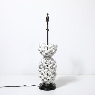 Tony Duquette Mid Century Open Form White Ceramic Table Lamp with Woven Sculptural Motifs