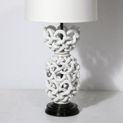 Tony Duquette Mid Century Open Form White Ceramic Table Lamp with Woven Sculptural Motifs