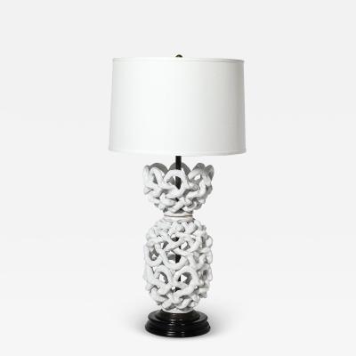 Tony Duquette Mid Century Open Form White Ceramic Table Lamp with Woven Sculptural Motifs