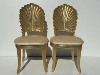 Tony Duquette Pair of Gold Leaf Grotto Shell Back Chairs
