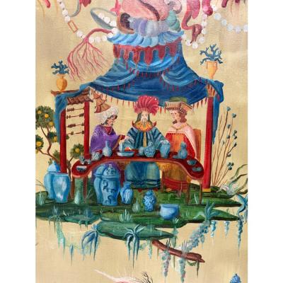 Tony Duquette Tony Duquette Style Chinoiserie Oil Painting on Canvas