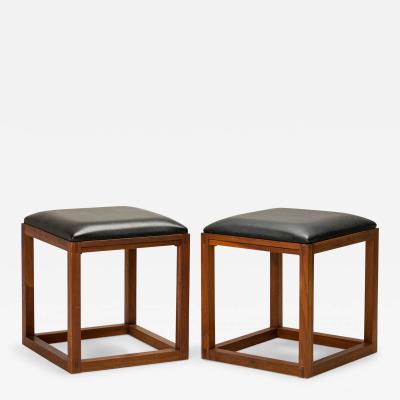 Tony Paul Pair Of Tony Paul Black Leather Upholstered Wooden Cube Stool With Slide Tray