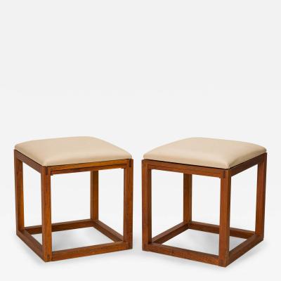 Tony Paul Pair Of Tony Paul Gray Leather Upholstered Wooden Cube Stool With Slide Tray