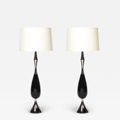 Tony Paul Pair of Mid Century Polished Nickel Ebonized Walnut Table Lamps by Tony Paul
