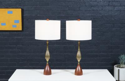 Tony Paul Tony Paul Sculpted Brass Walnut Table Lamps for Westwood Industries