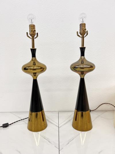 Tony Paul Tony Paul for Westwood Brass Ebonized Walnut Table Lamps A Pair 1950s