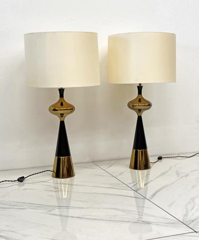 Tony Paul Tony Paul for Westwood Brass Ebonized Walnut Table Lamps A Pair 1950s