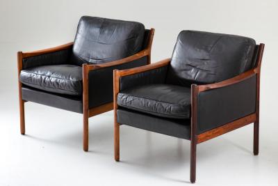 Torbjorn Afdal Scandinavian Midcentury Leather and Rosewood Lounge Chairs by Torbj rn Afdal