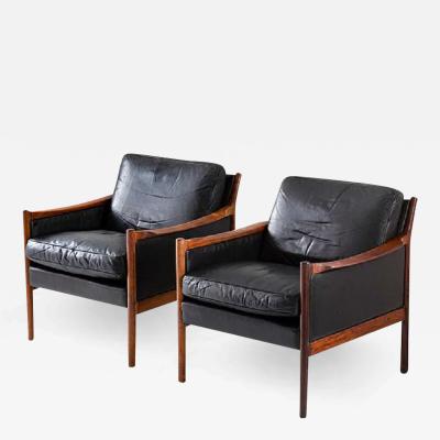Torbjorn Afdal Scandinavian Midcentury Leather and Rosewood Lounge Chairs by Torbj rn Afdal
