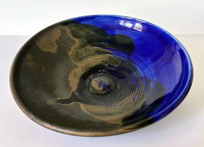 Toshiko Takaezu Large Ceramic Shallow Bowl with Brilliant Blue Glaze by Toshiko Takaezu