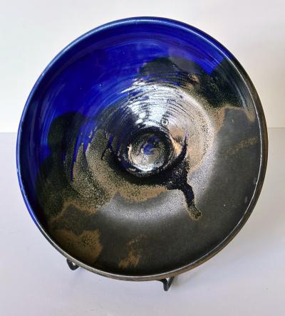 Toshiko Takaezu Large Ceramic Shallow Bowl with Brilliant Blue Glaze by Toshiko Takaezu