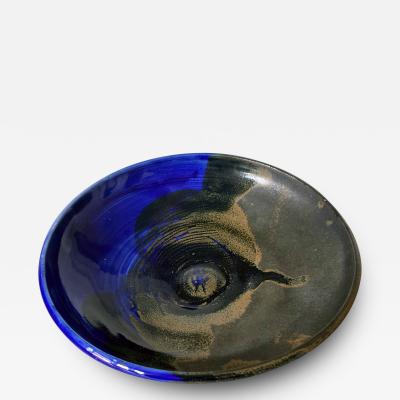 Toshiko Takaezu Large Ceramic Shallow Bowl with Brilliant Blue Glaze by Toshiko Takaezu