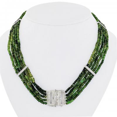 Tourmalene Platinum Beaded Green Tourmalene And Diamond Strand Necklace