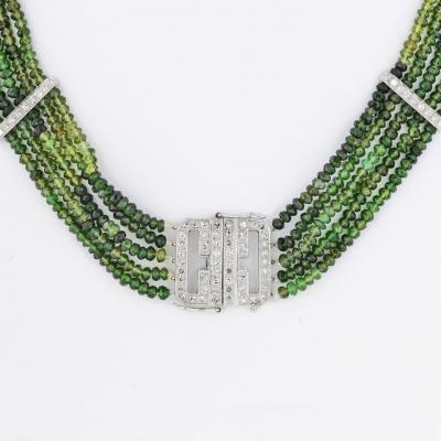 Tourmalene Platinum Beaded Green Tourmalene And Diamond Strand Necklace