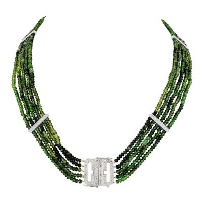 Tourmalene Platinum Beaded Green Tourmalene And Diamond Strand Necklace