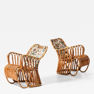 Tove Edvard Kindt Larsen Pair Easy Chairs in Cane Fabric Rattan by Tove Edvard Kindt Larsen 1930s