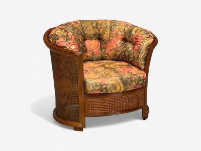 Traditional Cane Walnut Barrel Back Armchair USA 1980s