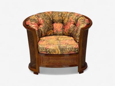 Traditional Cane Walnut Barrel Back Armchair USA 1980s