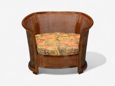 Traditional Cane Walnut Barrel Back Armchair USA 1980s
