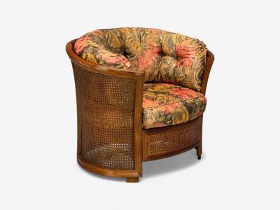 Traditional Cane Walnut Barrel Back Armchair USA 1980s