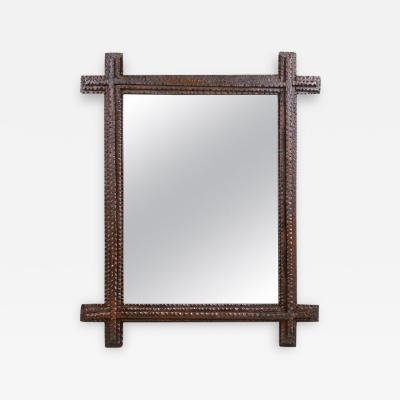 Tramp Art Rustic Wall Mirror Basswood Handcarved Austria circa 1860