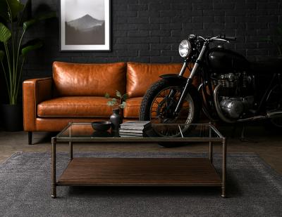 Transitional Industrial 2 Tier Metal Coffee Table with Oak Base